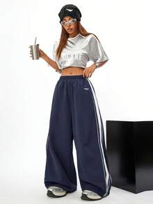 Coolane 女士春夏休闲运动嘻哈条纹纹理装饰运动裤 - 藏蓝色 - 查看 6