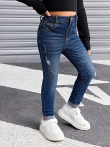 SHEIN Young Girl Vintage Blue Ripped Denim Jeans, Cool Girls Thanksgiving Fall And Winter Clothes - Dark Wash - View 2