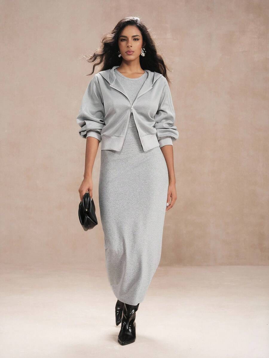 SHEIN Unity Top con capucha de mujer con cremallera doble, versátil y casual - Gris - Ver 1