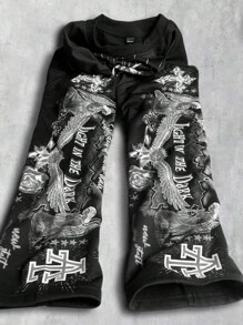 ROMWE MEN Goth Men's Streetwear Graphic Print Pullover T-Shirt, Suitable For Spring/Summer, Fall, 2000s Style