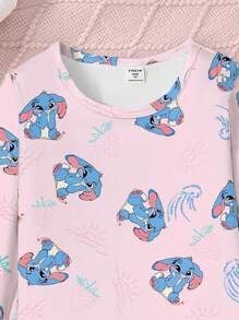 SHEIN Playful Pals 2件套少女可爱蓝兔子和草莓印花牛奶丝针织面料宽松长袖上衣和裤子睡衣套装 - 粉色 - 查看 4