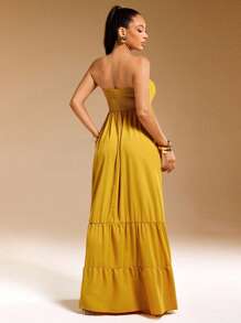 Vixey Solid Woven Shirred Bust Strapless Tiered Maxi Sun Dress, Yellow Maxi Dress, Smocked Maxi Dress, Yellow Sundress, Long Sundress, Tiered Maxi Dress, Vacation Outfits For Women