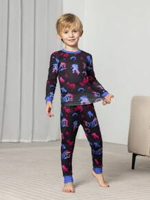 GODZILLAxKONG X SHEIN 2 pièces Ensemble de pyjama casual confortable avec Top à manches longues col rond et pantalon avec motif monstre jeune garçon