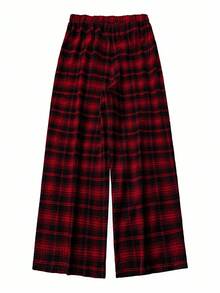 SHEIN Tall CURVE 大码女式休闲格子印花抽绳裤，春夏款，适合情人节、日常生活、通勤、上学、教师、会议、外出、休闲等场合，宽松格子裤，休闲女装，红色裤子 - 紅色 - 查看 2