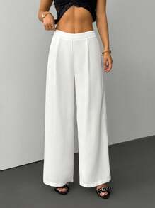 SHEIN PETITE 新款秋冬优雅休闲通勤百搭轻奢老款风高腰百褶阔腿裤白色阔腿裤白色正装裤女阔腿裤女阔腿裤女白色正装裤白色阔腿裤