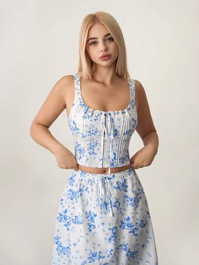 Sweetina 2pcs Women Vintage Ditsy Floral Tie Front Camisole Top & A-Line Skirt Set, Blue