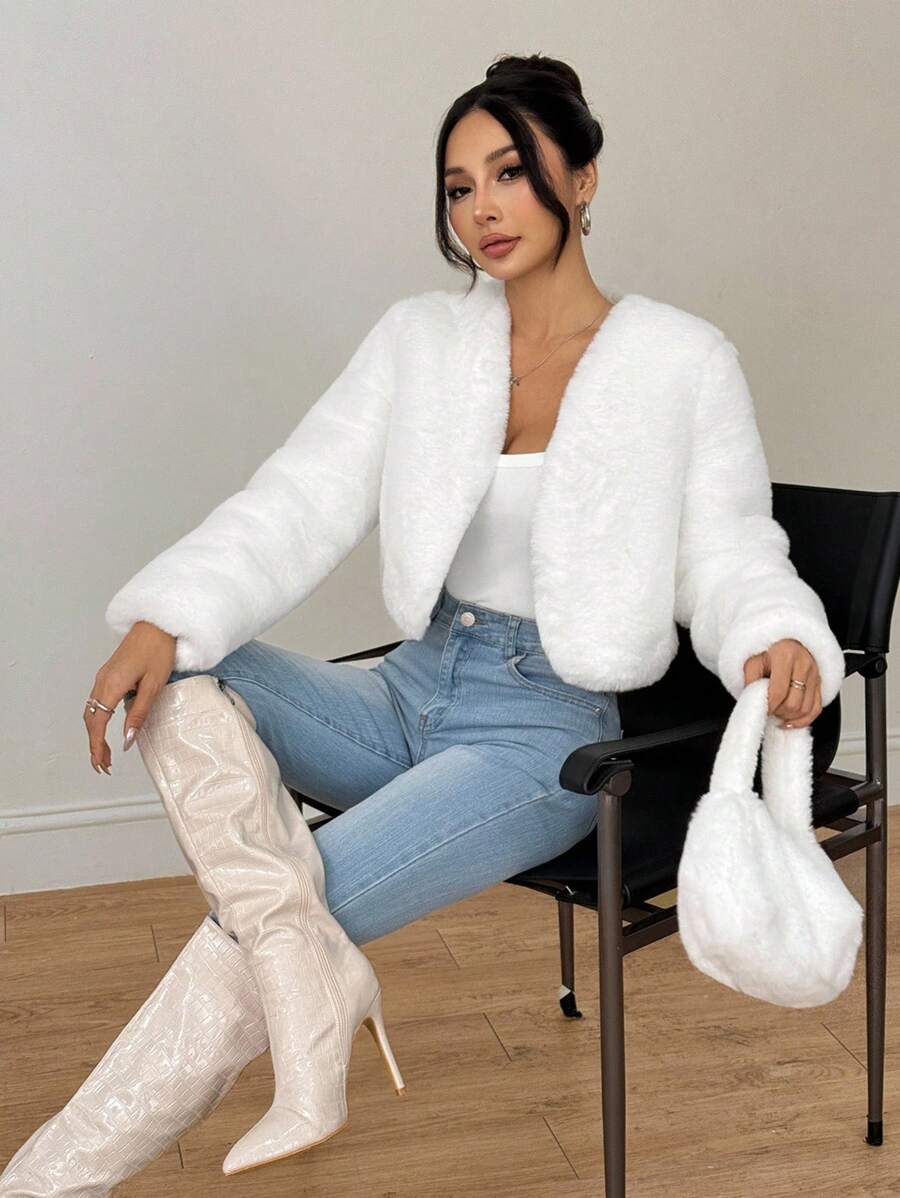SHEIN PETITE Women's Solid Color Elegant Fashion Faux Fur Long Sleeve Jacket, Autumn/Winter White Faux Fur Jacket