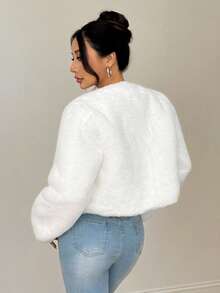 SHEIN PETITE Women's Solid Color Elegant Fashion Faux Fur Long Sleeve Jacket, Autumn/Winter White Faux Fur Jacket
