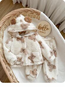 SHEIN Babygirl 可爱卡通图案连帽连体裤家居服，秋冬 - 米色 - 查看 9