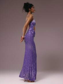 MUSERA Double Layer Sequin Cut Out Fitted Maxi Dress Purple Summer 70's Club Night Party Disco Draped Front Beaded Strapless Wedding Guest Long Dress - Purple - View 3
