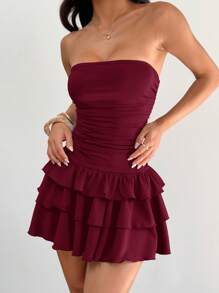 SHEIN EZwear Knitted Fabric A-Line Sleeveless Mini Dress In Burgundy Tube Top Dress Ruffle Dress,Party Dress