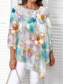 SHEIN CURVE+ Đầm dài in họa tiết tối giản, giản dị, cỡ lớn, áo cánh sang trọng cho nữ/Mùa thu/Đông - Nhiều màu - Xem 3