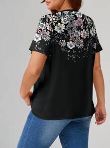 EMERY ROSE Camiseta de manga corta con estampado floral pequeño en negro para tallas grandes - Multicolor - Ver 2