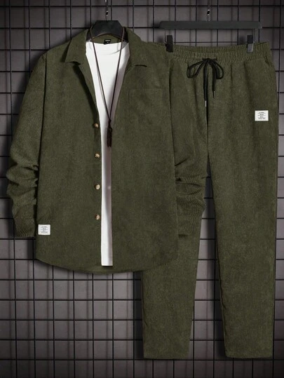 EASEVO 加大码男士复古前扣灯芯绒衬衫和裤子套装，秋季穿搭，舒适套装