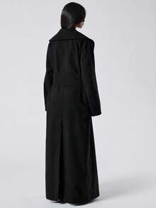 SHEIN EZwear 大码休闲翻领纯色简约长款大衣 - 黑色 - 查看 2