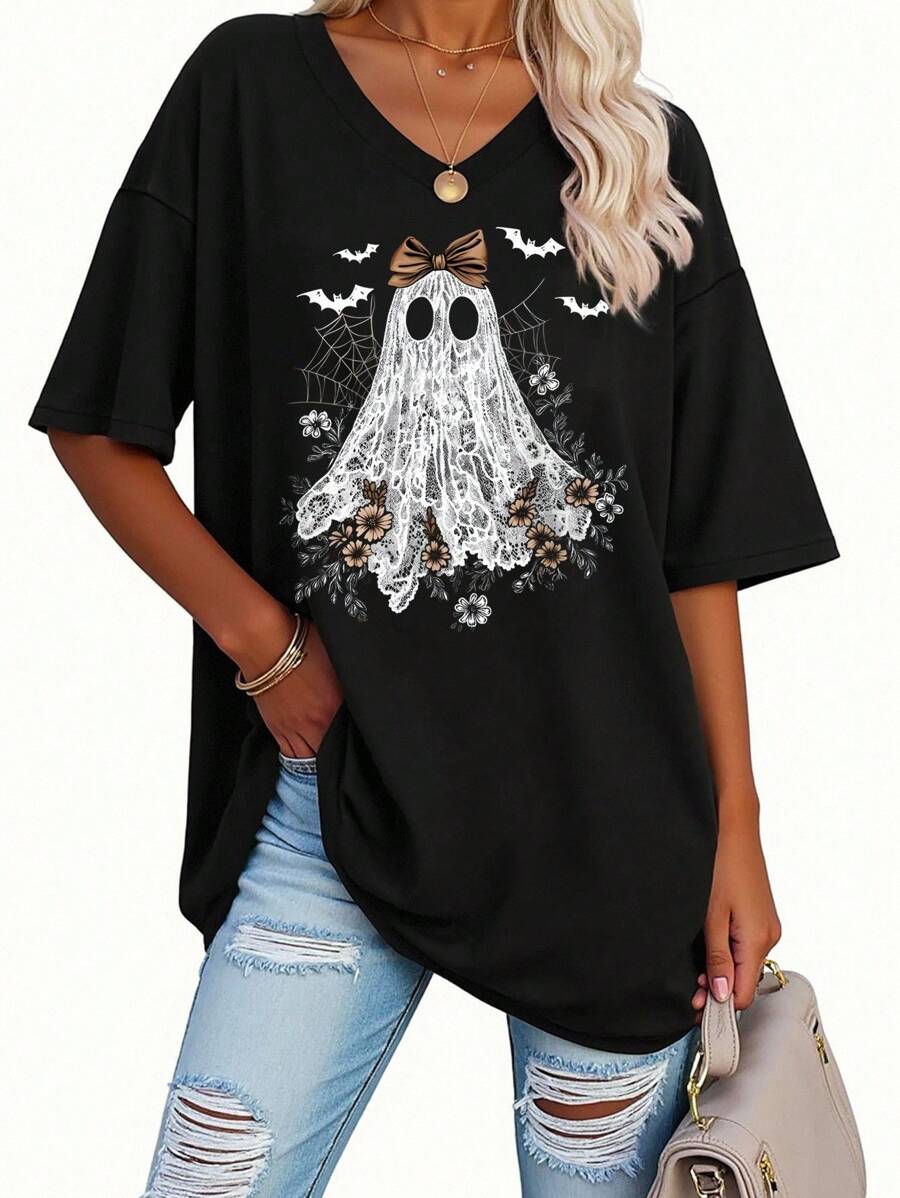 EMERY ROSE Ladies' Casual And Fashionable Halloween Ghost Patterned Round Neck Short Sleeved T-Shirt, Halloween T-Shirt, Suitable For Spring And Summer - Black - View 1