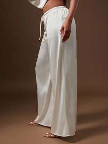Denimoi Drawstring Waist Satin Wide Leg Trousers Pants Date Night GNO Dinner - White - View 5