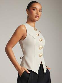 Hauture 女式纯色单排扣圆领无袖休闲上衣，配有时尚金属纽扣 - 杏色 - 查看 5