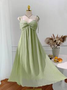 SHEIN EZwear 大码夏季休闲度假风露背百褶中长连衣裙 - 綠色 - 查看 1