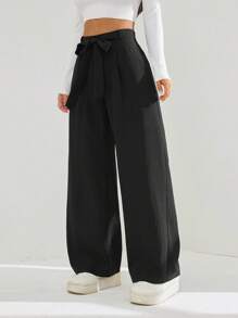 SHEIN PETITE 纯色高腰系带阔腿裤