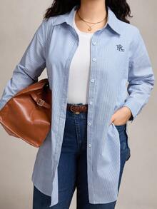 Zelara 大码休闲条纹前扣长袖衬衫 - 藍白色 - 查看 8