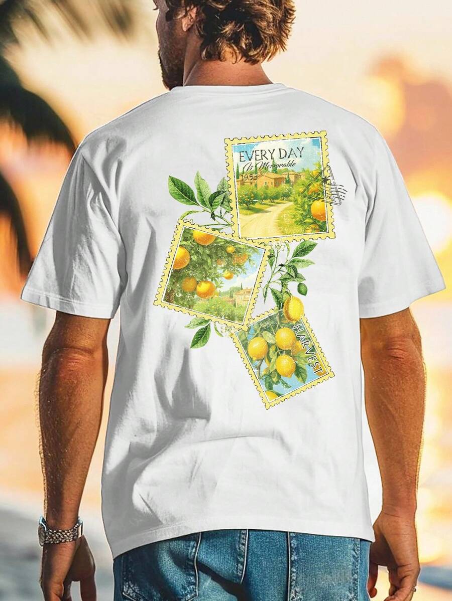 Manfinity VCAY Men's Casual Vacation Lemon Fruit Stamp Print T-Shirt - White - View 1