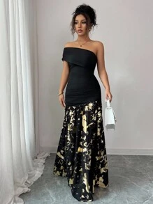 Elenzga Randomly Printed Asymmetrical Shoulder Strapless Knit Elastic Bodycon Vintage Elegant Luxurious Little Black Dress, Metallic Foil Chiffon Mermaid Low Waist Floor Length Gown For Graduation, Party, Banquet - Black - View 7