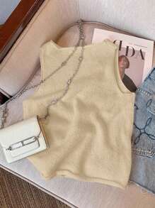 SHEIN Frenchy Chaleco de punto con cuello redondo y decoración floral casual para mujer en otoño/invierno - Albaricoque - Ver 8