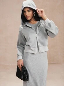 SHEIN Unity Top con capucha de mujer con cremallera doble, versátil y casual - Gris - Ver 6