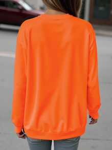 SHEIN EZwear 加大码万圣节卫衣，加大码印花长袖卫衣，街头风，可爱秋冬上衣，度假风秋季单品 - 橘色 - 查看 2