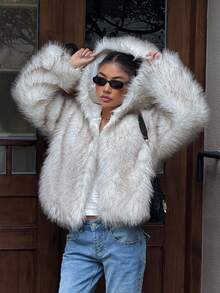 DAZY 女士时尚保暖长袖连帽宽松仿皮草外套，秋冬女式大衣 - 白色 - 查看 4