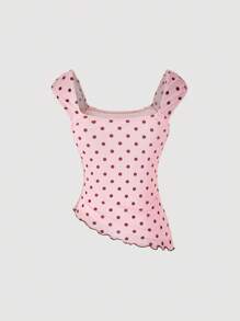 SHEIN MOD Bộ 2 món chấm bi thắt nơ: Áo vạt lệch và chân váy đuôi cá cạp thấp. - Hồng - Xem 6