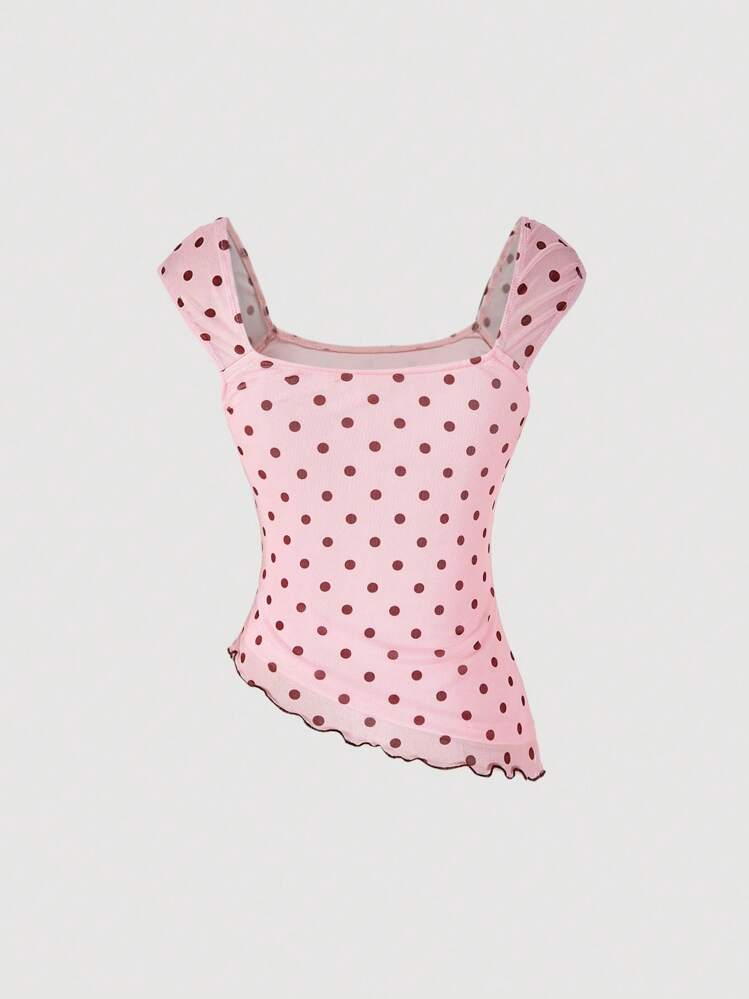 SHEIN MOD 2pcs Polka Dot Bow Set: Asymmetric Hem Top & Low Waist Fishtail Skirt Skirt And Top Sets Set Outfit For Women Summer Polka Dot Outfit Women Polka Dot Set Skirt And Top Sets For Women Outfits - Pink - View 6