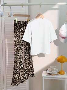 SHEIN 2pcs/Set Tween Girl Casual Leopard Print Bow Design Loose Short Sleeve T-Shirt And Flare Pants Set, Summer