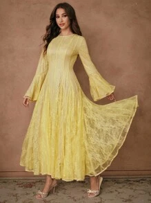 SHEIN Unity 优雅圆领蕾丝拼布修身女式连衣裙 - Butter Yellow - 查看 5