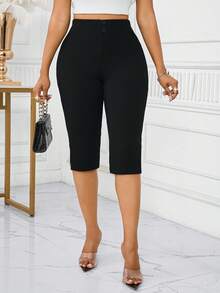 SHEIN Lady 2025 New Women's Black Solid Color Pants, Fashionable For Summer Split Hem Leggings Fall Clothes For Women Halloween  Chic Women's Pant