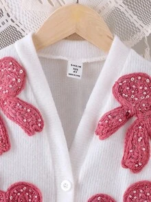 女童针织柔软毛绒开衫，饰有蝴蝶结和珍珠，搭配百褶裙套装，粉色，适合春秋冬季穿着的可爱女童装。 - 粉色 - 查看 5