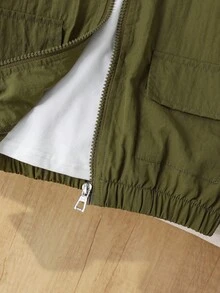 年轻男孩时尚休闲连帽弹性袖口和下摆夹克外套，实用大口袋设计，宽松舒适，适合春季、夏季、秋季、日常、户外、派对、拍照 - 軍綠色 - 查看 4