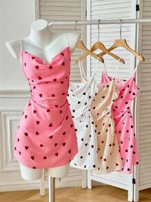 SHEIN 4 Pcs In Heart Print Ruched Cropped Camisole Women Casual Nightgown Women Es Women Summer Dresses - Multicolor - View 5