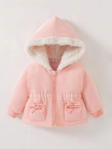 SHEIN Toddler Infant Baby Girls Casual Cinched Waist Bow Pocket Teddy Lining Lightweight Long Sleeve Zip Up Hooded Quilted Jacket, Winter Hooded Coat Pink Baby Girl Coat Fall - Pink - View 7