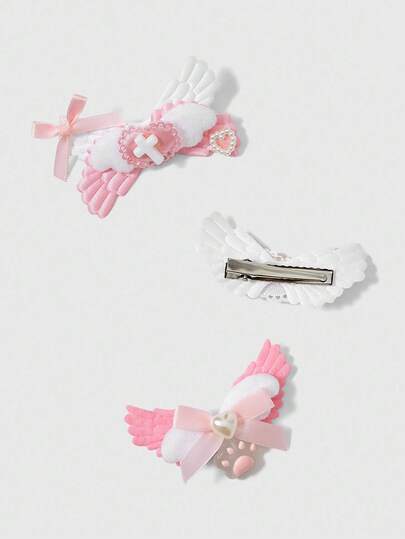 Anime 3pcs Random Kawaii Pink Bowknot Cross Heart Cat Claw Hair Clips, Cute Handmade Cartoon Alligator Hair Clips, Fashionable Versatile Hair Accessories For Daily Wear & Party