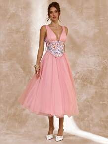 SHEIN BAE Spring & Summer Solid Pink Puff Skirt Floral Sequined Elegant Mid-Length Princess Dress, Perfect For Brunch, Bridesmaids Gown, Guest Attire, Graceful Dress