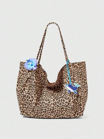 Fairycore Bolso de hombro con estampado de leopardo de moda para el verano, bolso de playa de gran capacidad para mujeres