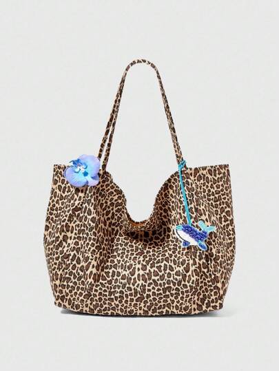 Fairycore Fashionable Summer Leopard Print Shoulder Bag, Large Capacity Beach Tote Bag For Women