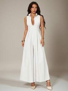 SHEIN PETITE 超宽腿拉链前无袖连体裤 - 杏色 - 查看 5