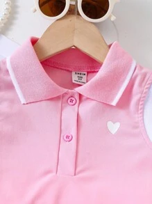 Genkimix Kids 2pcs/Set Girls Heart Print Polo Collar Sleeveless Top And Pleated Skirt With Ribbon Trim, School Style For Summer & Back To School