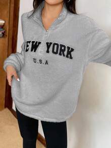 SHEIN EZwear 女式新款字母图案立领双面绒卫衣和紧身绒打底裤套装，秋冬 - 灰色 - 查看 5
