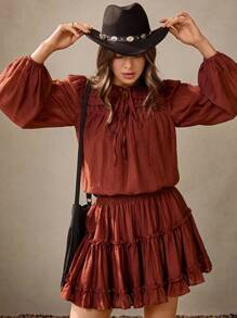 Wildy 秋季女装 波西米亚风女装 西部风女装两件套 女士纯色衬衫和荷叶边母鸡裙套装 西部女装 波西米亚风女装 荷叶边两件套 多层荷叶边两件套 荷叶边裙 荷叶边两件套 灯笼袖两件套 西部风女装休闲装 春季 - 咖啡棕 - 查看 3