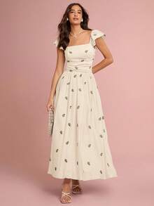 Enchnt 浪漫优雅的杏色花卉刺绣连衣裙，是秋冬季节的完美之选。甜美优雅，适合度假、约会、节日、派对、海滩、舞会、夏日连衣裙以及秋季女装穿着。