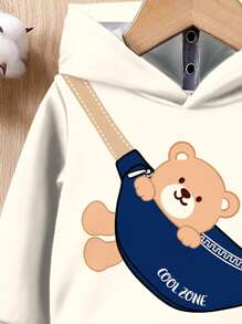 SHEIN 男婴休闲宽松针织柔软连帽衫和配套运动裤套装，可爱迷你熊印花，舒适温馨，适合秋冬季 - 彩色 - 查看 4